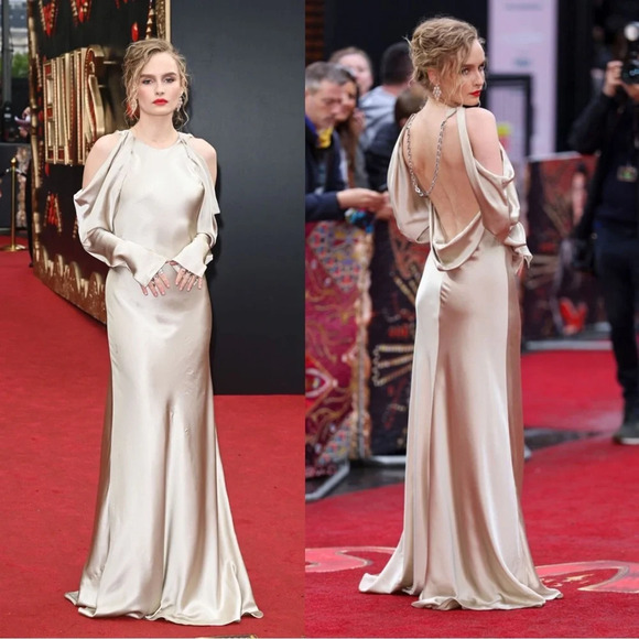 NWT | Jonathan Simkhai Caitlyn Draped Shoulder Champagne Crystal Chain Gown Sz 0 - Picture 4 of 8